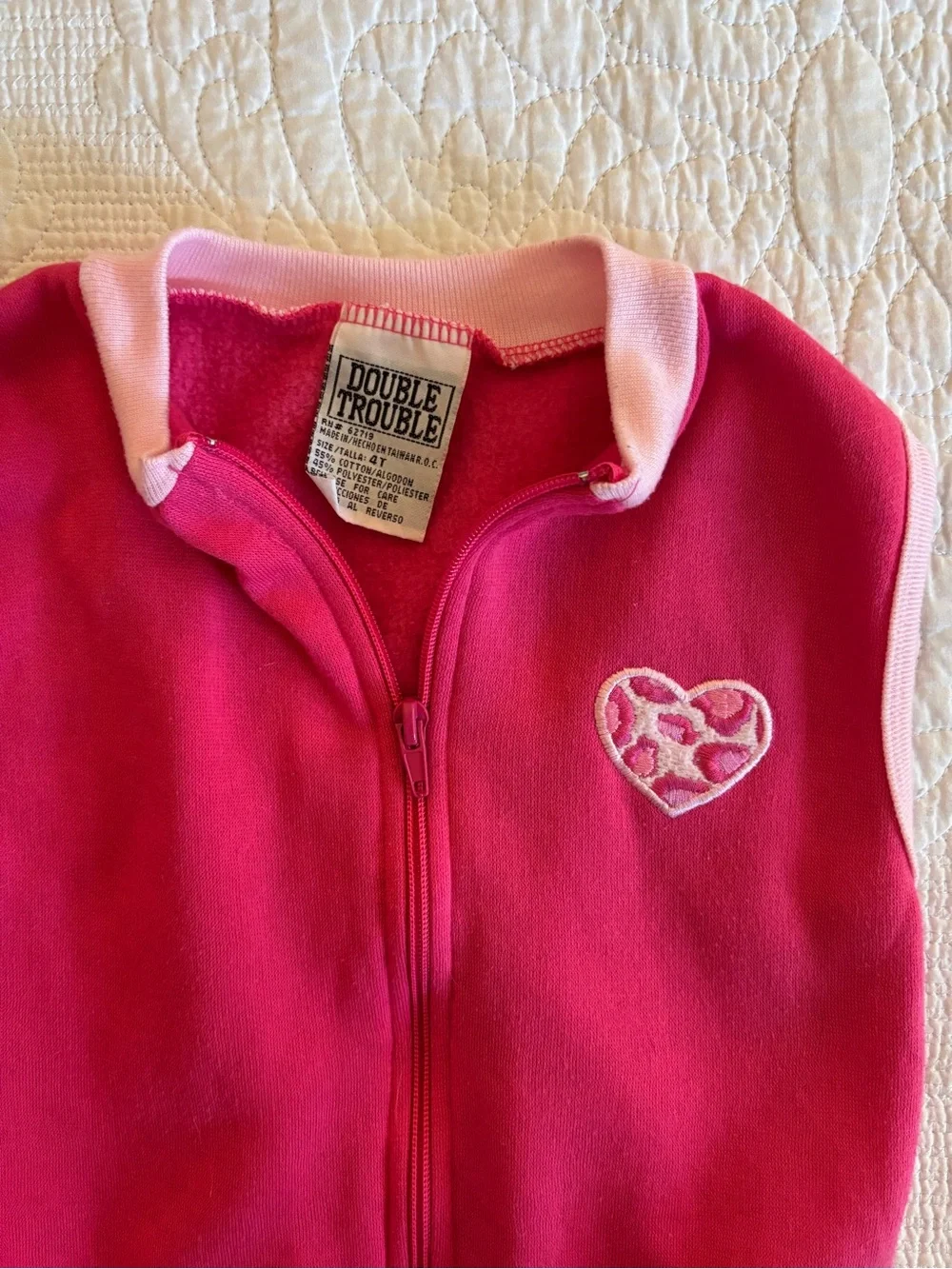 Vintage Double Trouble Pink Sleeveless Zip-Up Vest with Heart Patch
